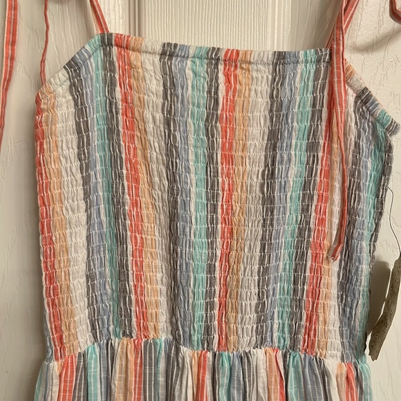 NEW Altar’d State Ivory Blue Green Stripe Smocked Maxi Dress Elastic Waist Small - Picture 3 of 10